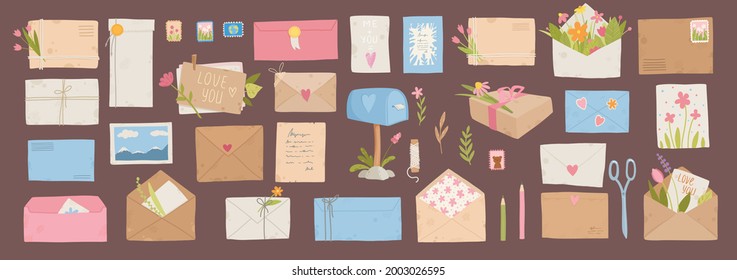 Envelopes with postmarks. Vintage paper mail letters with postage stamp, cards, sealing wax, scissors, twine, tags and pens. Post vector set of envelope and postcard for correspondence illustration.