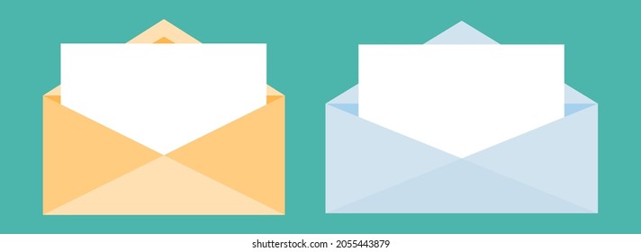 Envelopes realistic symmetrical business with open white paper mail letter set isolated on aquamarine background. Flat style. Mail icon for web design and print. Vector illustration