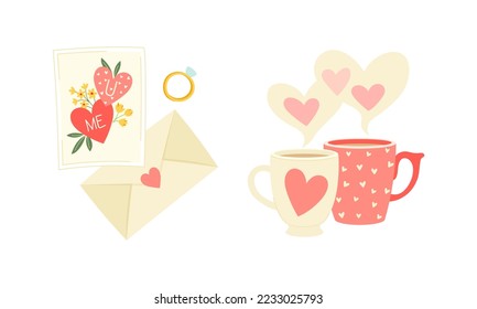 Envelopes with Ring and Postcard and Two Steaming Heart Mugs for Valentines Day Vector Set
