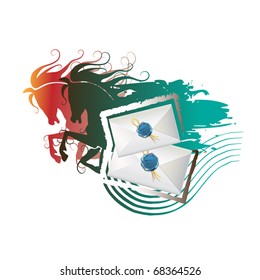 Envelopes with seal and running horses isolated on white background, vector illustration