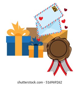 Envelopes, sealing wax and gifts illustration in vintage style.