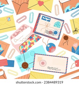Envelopes seamless pattern. Opened and closed envelope with paper and letters. Post and postcrossing, mail decorative background. Retro decent vector template