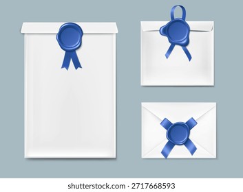 Sobres engastados con sellos de cera azul. Vector ilustración realista de paquete de papel en blanco para carta, mensaje de amor, invitación o documento sellado con sellos y cintas 3D redondos, correo real vintage