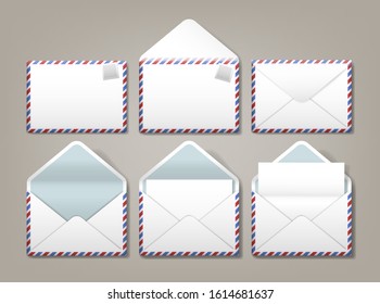 Envelopes - set. Front, back, opened view of envelopes with white blank  paper letter sheet. 3D Vector Illustration/mock up of isolated "Airmail"  realistic envelopes with 6 different types of view. 