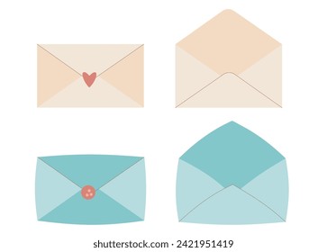 Envolturas. Mensaje en letras. Paquete de postes de papel cerrado y abierto aislado en fondo blanco. Ilustración plana vectorial.