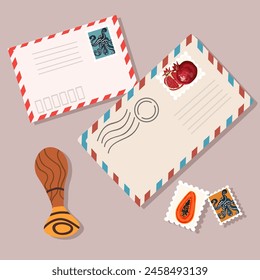 Envelopes with stamps, correspondence, air mail, stamp. Flat vector illustration of mail isolated on gray background.