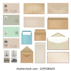 Envelopes and stamps set with realistic isolated front view images of modern and vintage postage letters vector illustration