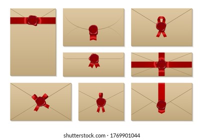 Envelopes tied with red ribbon and sealed realistic set. Kraft paper letters horizontal, vertical, rectangle, square mock ups. Empty blank vector template illustration isolated on white background.