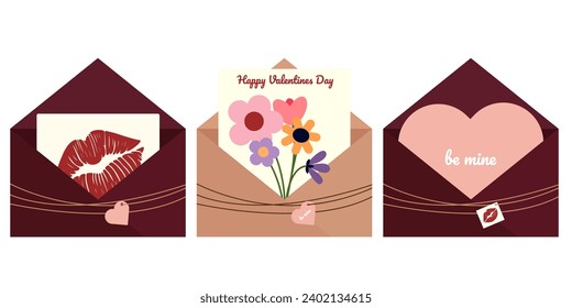 Envelopes with valentines and cards for Valentine's Day in cartoon style, flat style. Envelopes, congratulations, love message, kiss, flowers. Holiday, event.