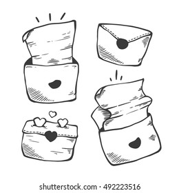 Envelopes vector set. Opened letters, closed letters. Envelope with love. Message with love. Hand drawn vector illustrations.