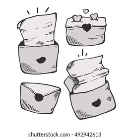 Envelopes vector set. Opened letters, closed letters. Envelope with love. Message with love. Hand drawn vector illustrations.