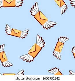 Envelopes with wings flying on blue background. Seamless pattern with winged letters, express mails. Vector illustration.