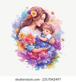 Enveloping Affection: Watercolor Art Design of a Mother Snuggling her Baby