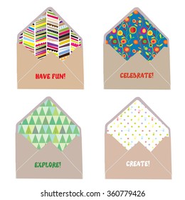 Envelops and letters concept for fun, joy, create and celebrate - vector illustration