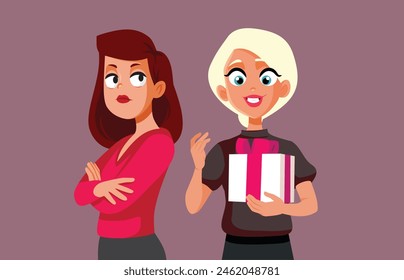 
Envious Woman Looking at her Friend Vector Cartoon Illustration. Unhappy friend feeling jealous and frustrated
