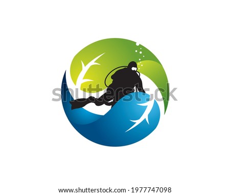 enviro ecoloy scuba diver inside a balanced leaves underwater	