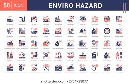 Enviro Hazard Icon Set. toxic waste barrel, radioactive leak, air pollution, water pollution, soil contamination and more. Glyph Dual Tone Style vector icons collection.