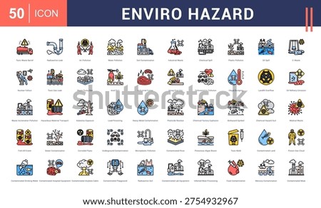 Enviro Hazard Icon Set. toxic waste barrel, radioactive leak, air pollution, water pollution, soil contamination and more. Flat Line Style vector icons collection.