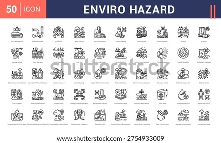 Enviro Hazard Icon Set. toxic waste barrel, radioactive leak, air pollution, water pollution, soil contamination and more. Line Style vector icons collection.