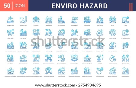 Enviro Hazard Icon Set. toxic waste barrel, radioactive leak, air pollution, water pollution, soil contamination and more. Line Gradient Style vector icons collection.