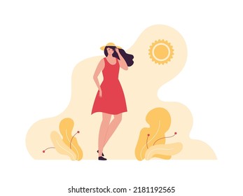 Enviroment Issue And Extreme Weather Concept. Vector Flat People Illustration. Heat Wave Sun Symbol And Female Character In Dress And Hat With Heatstroke Symptom.