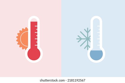 Enviroment issue and extreme weather concept. Vector flat icon illustration. Heat and cold wave color thermometer symbol isolated on pink and blue background.