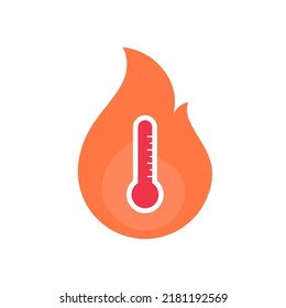 Enviroment issue and extreme weather concept. Vector flat icon illustration. Heat wave red color thermometer in flame symbol isolated on white background.
