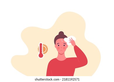 Enviroment Issue And Extreme Weather Concept. Vector Flat People Illustration. Heat Wave Sun Symbol And Female Character In Dress And Hat With Heatstroke Symptom.