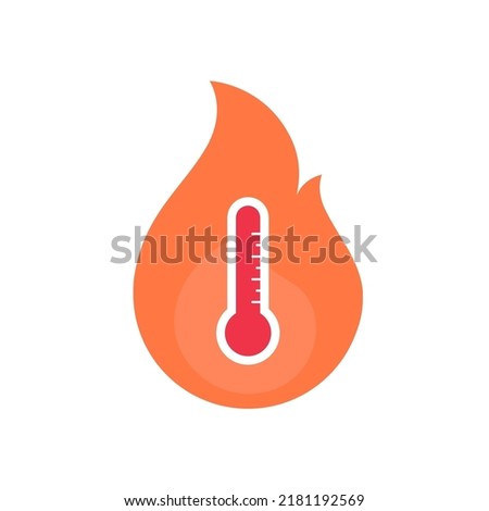 Enviroment issue and extreme weather concept. Vector flat icon illustration. Heat wave red color thermometer in flame symbol isolated on white background.