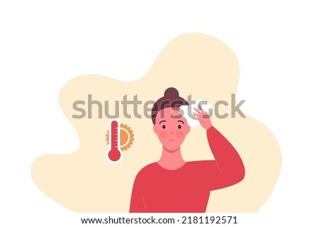 Enviroment issue and extreme weather concept. Vector flat people illustration. Heat wave sun symbol and female character in dress and hat with heatstroke symptom.