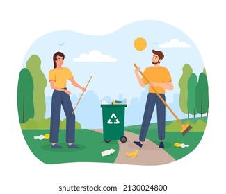 Enviromental clean up. Man and girl with mops in city park. Proper waste disposal and recycling. Eco activists and volunteers. Care for nature, responsible society. Cartoon flat vector illustration