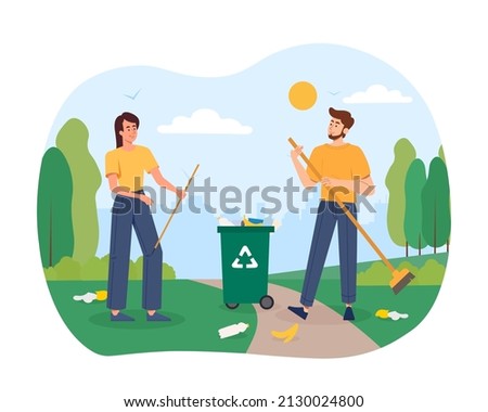 Enviromental clean up. Man and girl with mops in city park. Proper waste disposal and recycling. Eco activists and volunteers. Care for nature, responsible society. Cartoon flat vector illustration