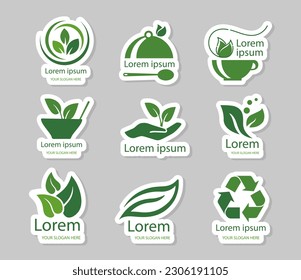 Enviromentally friendly stickers. Natural and organic products, recycling and reuse of materials. Caring for nature and environment. Cartoon flat vector collection isolated on grey background