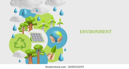 Environment 3D cartoon plastic style vector banner design. Volume solar panel, windmill, Earth planet in hand and recycle sign. Render green energy symbols for eco-friendly, clean alternative energy