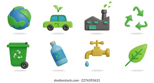 The environment 3D vector icon set.
earth,electric cars,non-toxic factory,recycle symbol,rubbish bin,plastic bottle,faucet,leaf