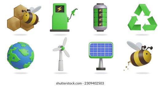 Conjunto de iconos de vector 3D del entorno.
abejas y panecillos, bomba de gas verde, batería, símbolo de reciclaje, globo, molino de viento, célula solar