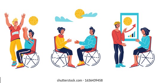 Environment accessibility for persons with mobile limits and their socialization banner template with diverse disabled handicapped people performing sport activity, creating relations and working.