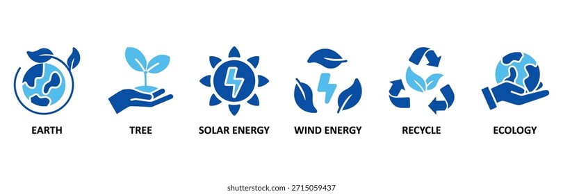 Environment banner web icon set In Blue Style vector illustration foricon of earth, tree, solar energy, wind energy, recycle, ecology
