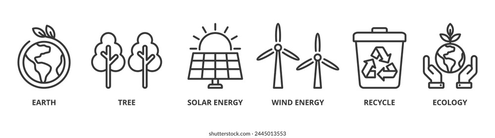 Environment banner web icon vector illustration concept with icon of earth, tree, solar energy, wind energy, recycle, ecology