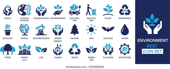 Environment best solid icon set collection. Earth, climate change, conversation, electric car, recycle bin, plant, renewable, ecology, deforestation and vector illustration.