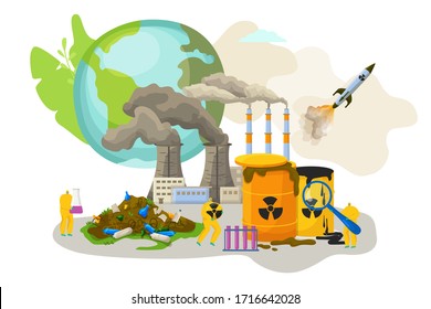 Environment big city pollution, vector illustration. Eco poster, planet garbage and ecological disaster concept. Factory air emission, radioactive substance, rocket toxic component.