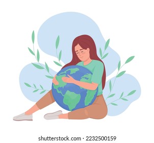 Environment care 2D vector isolated illustration. Woman hugging Earth flat character on cartoon background. Nature protection colourful editable scene for mobile, website, presentation