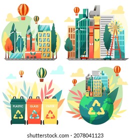 Environment care concept set. Ecological solution of environment care problem. Garbage segregation, use alternative power to reduce pollution, save, clean planet Earth nature. Vector illustration