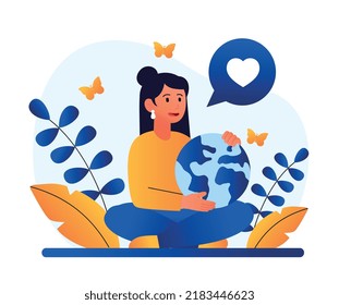 Environment care concept. Young girl sits in lotus position with globe in her hands. Volunteering and charity. Responsible society and eco friendly character. Cartoon flat vector illustration