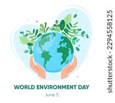 Environment care. Ecology concept.  Protect nature and ecology banner. Hands holding planet earth. Earth day. Globe with green leaves. Vector illustration