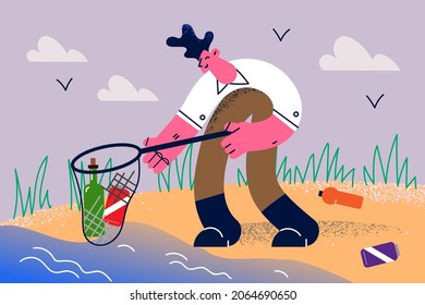 Environment care Ecology concept. Young smiling man cartoon character volunteer standing with net collecting trash garbage from water alone vector illustration 