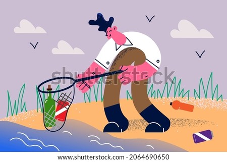 Environment care Ecology concept. Young smiling man cartoon character volunteer standing with net collecting trash garbage from water alone vector illustration 