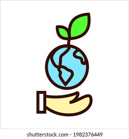 Environment care flat icon. Hand with earth. Customizable linear symbol. Editable stroke. Isolated vector stock illustration