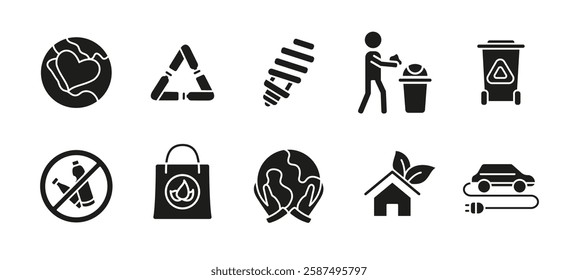 Environment care icon set black. Eco sustainability and green energy vector illustration. Waste recycling, plastic reduction and renewable energy concept. Climate protection and nature save glyph.