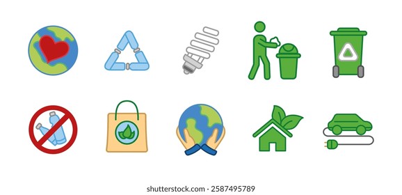 Environment care icon set. Eco sustainability and green energy vector illustration. Waste recycling, plastic reduction and renewable energy concept. Climate protection colored symbols.